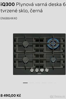 Nová plynová deska SIEMENS EN6B6HK40 - černé tvrzené sklo