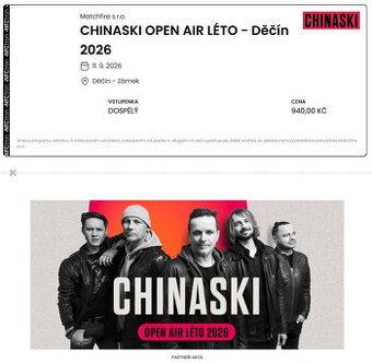 CHINASKI OPEN AIR LÉTO 2026 - 2 vstupenky DĚČÍN
