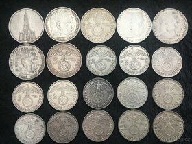 20 kusů 2 a 5 marek, stříbrné mince Třetí říše Německo