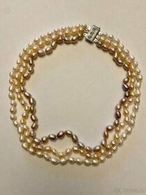 Trojbarevný 3 řadý náhrdelník - pravé perly