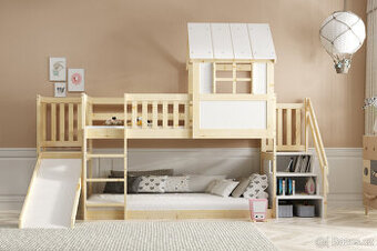 Dětská patrová postel domeček se schody a skluzavkou 200 x 9