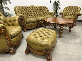 ♣Barokní vyřezávaná souprava CHESTERFIELD 3+1+1+taburet+stůl