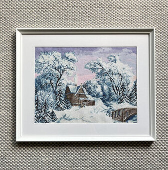 Ručně vyšívaný obraz Zimní krajina 40x50 cm