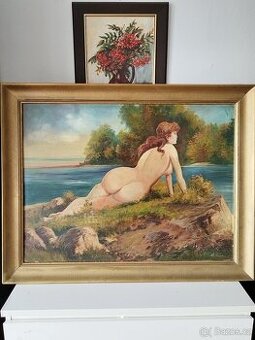 obraz DÍVKA NA BŘEHU, akt, olej, sign. 1958