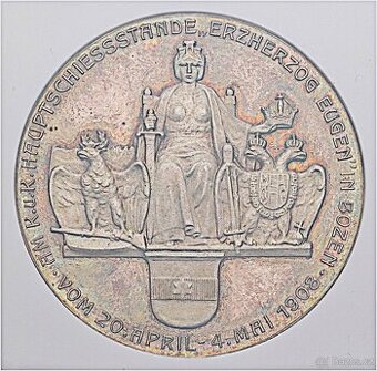 F.J.I. Stříbrná Střelecká Jubilejní Medaile Bolzano 1908