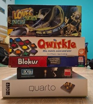 Stolní hry,Quatro, Exit úniková hra, Blokus, Qirkle, Lovec d