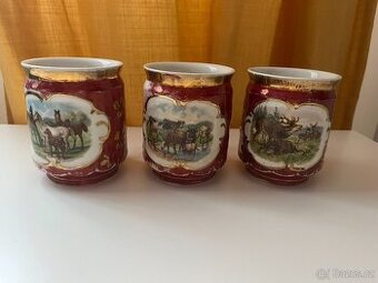 Starý hrnek - kafáč 3 ks; motivy - koně, krávy, jelen, srny