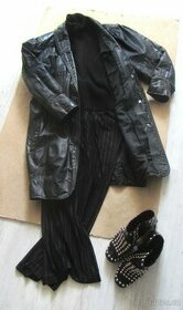 Vintage dlouhá černá kožená dámská bunda / kabát