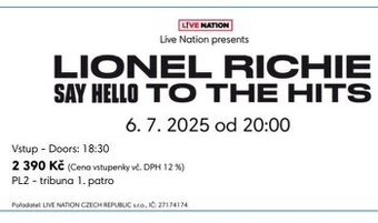 Vstupenka na koncert LIONEL RICHIE 6.7. O2 Aréna