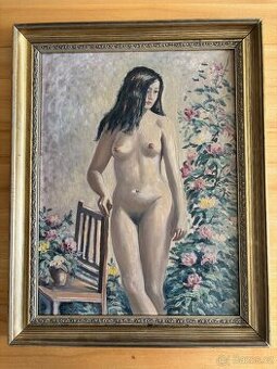 Obraz R.M. akt dívka s květy, olejomalba 68x54