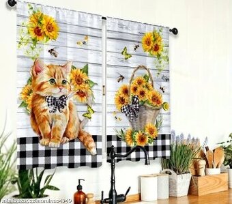Prodám nové 2x závěsy venkovský styl kočka/ slunečnice