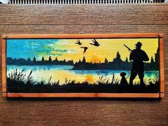 obraz myslivecký malovaný  50x20x1,5 cm