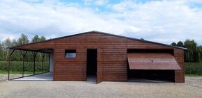 Plechová garáž 8x7m s přístřeškem pro auto