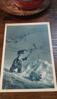 Retro pohlednice Novoroční přání (1936) Kominík a prasátko