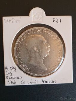 Stříbrná 5 koruna 1908