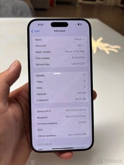 iPhone 15 Pro Max 256GB, 94% baterie
