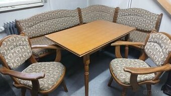 Mas.rustikální lavice + 2x mas.židle s područ. + rozkl.stůl