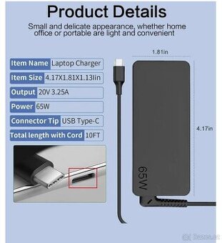 USB-C nabijecka pro notebook 20V 3.25A 65W, nova - 1