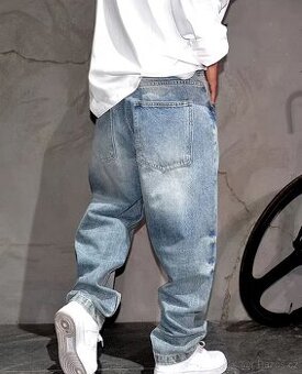 Retro světle modré džíny pánské volné rovné ležérní kalhoty