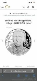 Stříbrná mince Legendy čs. hokeje - Jiří Holeček proof - 1