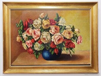 Obraz E.Jungmann 1967, Růže olej na plátně 74x100