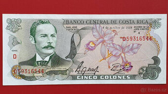 Bankovka KOSTARIKA 5 Colón rok 1989, špičkový stav UNC