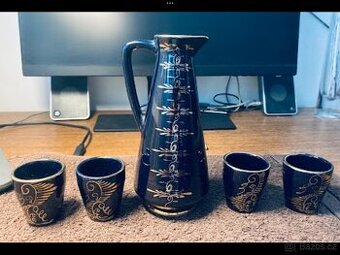 Starožitná likérová souprava, kobaltová modř, zlacená