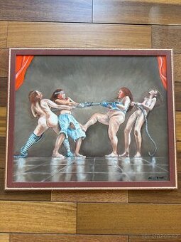 Jan Saudek - přetahování , olej na plátně  60x70