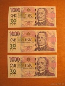 1000 Kč s přítiskem ČNB výroční jubilejní bankovky 30 let