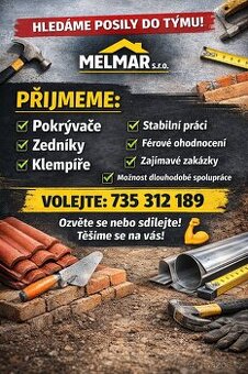 MELMAR s.r.o. přijme pokrývače, zedníky a klempíře