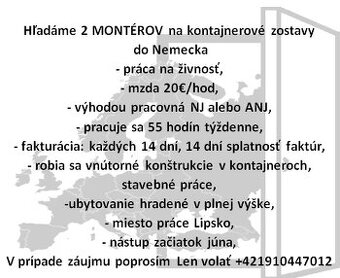 Hľadáme dvoch Montérov na kontajnerové zostavy do Nemecka