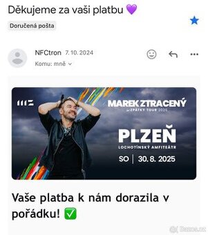Marek Ztracený- Plzeň 30.8.2025 4 vstupenky