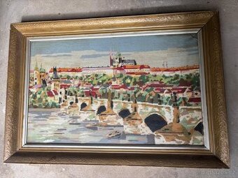 Velký starožitný vyšívaný obraz Pražský hrad Karlův most