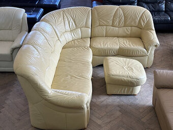 130 Kožená rozkládací rohová sedací souprava sedačka + tabur