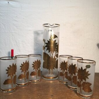 skleněný džbán a  6 sklenic značené nepoužité zlaté TOP