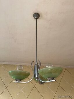 Starožitný Art Deco lustr – chrom a zelené sklo (30. léta)