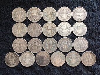 21 kusů stříbrných 1 korun, mince z dob Rakouska Uherska