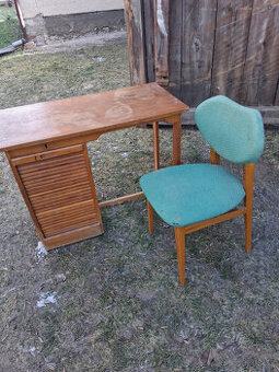 Retro psací stůl s roletkou + židle /určeno k renovaci/