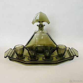 Art Deco Sada - karafa, 4x panák, tác, Carl Stolzle