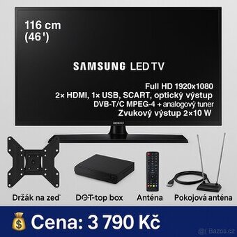 Samsung LED TV– 116 cm,držák, DVB-T2 set-top box a anténa