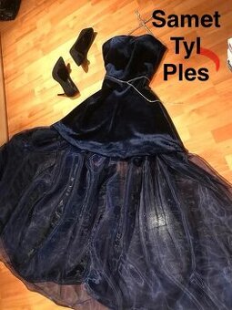 Maturitni dlouhe sametove tylove saty modre 36