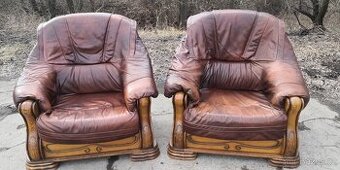 Kožená křesla 2x s masivním dubovým dřevem