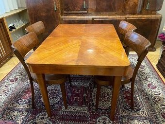 Rozkládací jídelní stůl ve stylu Art-Deco + 4x židle TON