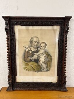 Masivní starožitný vyřezávaný rám s litografií