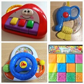 Interaktivní plastové hračky -Sloník, klavír, kostky, volant