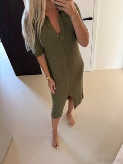 Lněné khaki šaty s rozparkem nové Gant