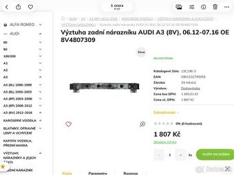 Výztuha zadní nárazníku AUDI A3 (8V), 06.12-07.16 OE 8V48073