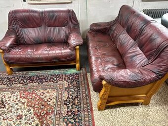 Kožená sedací souprava 3+2 s masiv.dřevem - TOP STAV