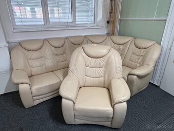 Sedací souprava rohová + křeslo - kůže - zánovní