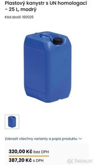 Plastový kanystr s UN homologací - 25 L, modrý, bílí..